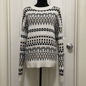 Chaps Fair Isle Knit Pullover Crewneck Sweater White Black Nordic Cabin Lodge XL